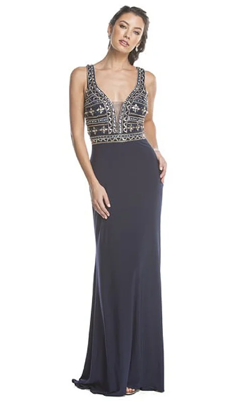 Best Bargains Aspeed Design - Plunging Embellished Sheath Evening Gown