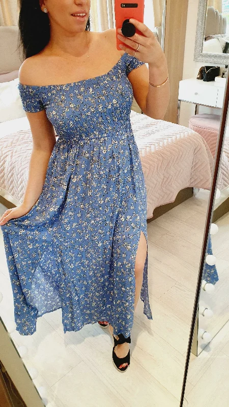Super Bargain Lewis Blue Floral Print  Elasticated Split Maxi Dress