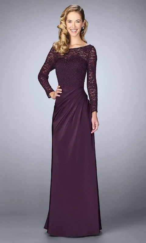 Year-End Clearance La Femme - Long Sleeve Beaded Lace Sheath Dress 23435SC - 1 pc Plum In Size 4 Available