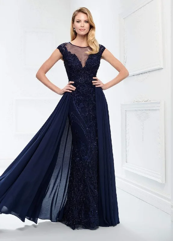 Limited Time Montage by Mon Cheri - Embroidered Lace Chiffon Overskirt Gown 218914 - 1 pc Navy In Size 10 Available