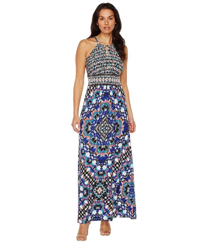 Savings Bonanza Maggy London T2658MNR Mixed Ikat Keyhole Cutout Halter Maxi Dress