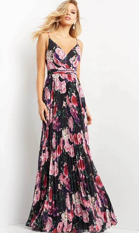 Quick Sale Jovani 09002 - Floral Print V Neck Evening Dress