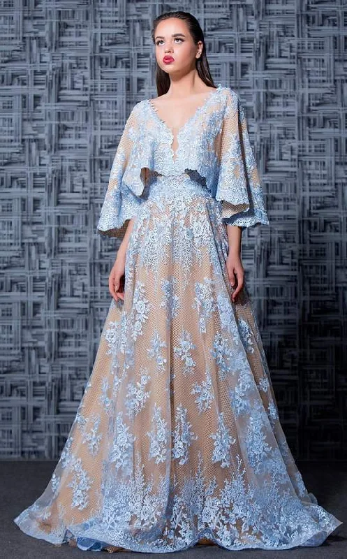 Price Reduction MNM Couture -  Floral Embroidered Deep V-neck A-line Gown K3571