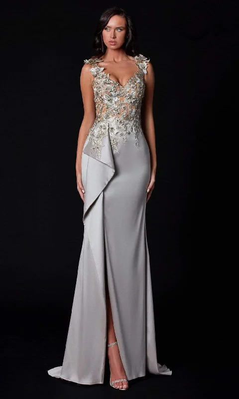 Big Discounts Terani Couture - 2111E4751 Cap Sleeve Floral Lace High Slit Gown