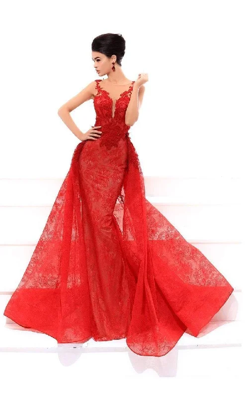 Buy More, Save More Tarik Ediz Plunging Illusion Applique Lace Overskirt Gown 93439 - 1 pc Red In Size 6 Available Buy More, Save More Tarik Ediz Plunging Illusion Applique Lace Overskirt Gown 93439 - 1 pc Red In Size 6 Available