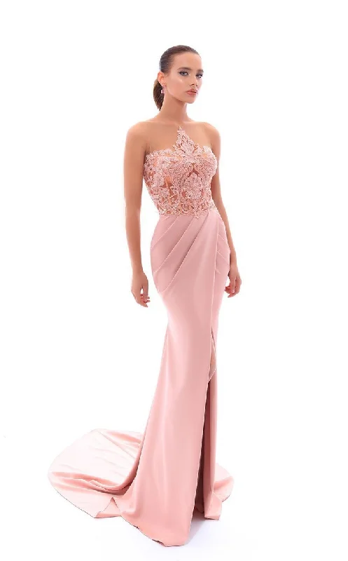 Markdowns Tarik Ediz Illusion Beaded Floral Lace High Slit Gown 93408