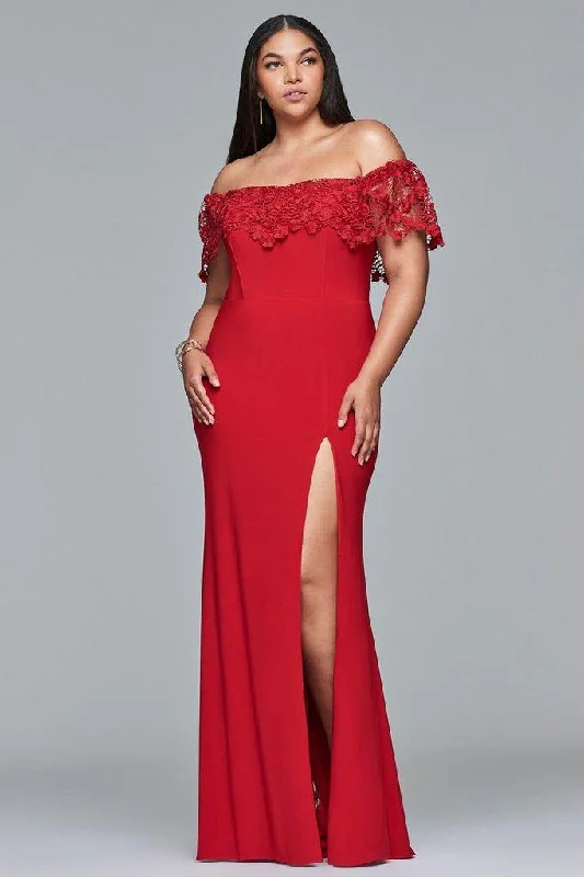 Final Clearance Faviana - 9422 Lace Off Shoulder Long Jersey Evening Gown - 1 pc Red In Size 18W Available Final Clearance Faviana - 9422 Lace Off Shoulder Long Jersey Evening Gown - 1 pc Red In Size 18W Available