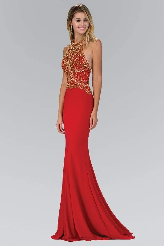 Bonus Savings Elizabeth K GL1301 Bead Embellished Halter Neck Trumpet Gown