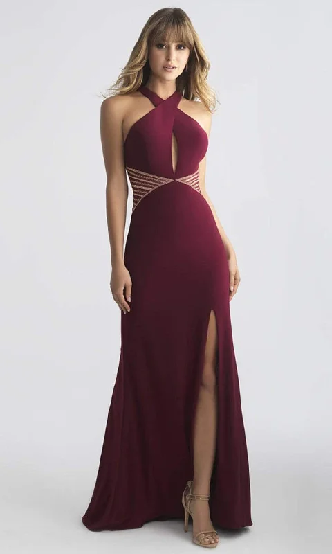 Weekend Special Madison James - 18-661 Fitted Halter Neck Keyhole Cutout Evening Dress - 1 pc Wine in Size 00 Available Weekend Special Madison James - 18-661 Fitted Halter Neck Keyhole Cutout Evening Dress - 1 pc Wine in Size 00 Available