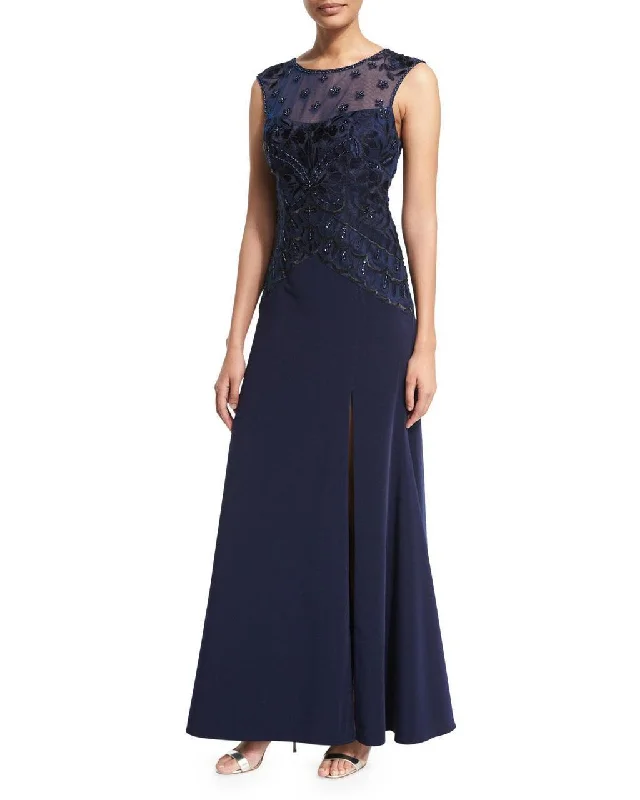 Best Bargains Sue Wong N5444 Embroidered Illusion Sheath Gown in Navy