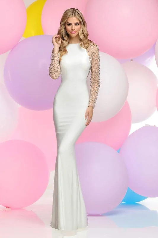 Today’s Deal Zoey Grey Beaded Long Sleeve High Neck Gown in Ivory/Nude 31099