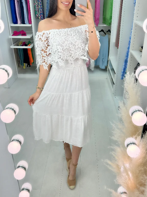 Lowest Prices Lidia Ivory Crochet Bardot Midi Dress