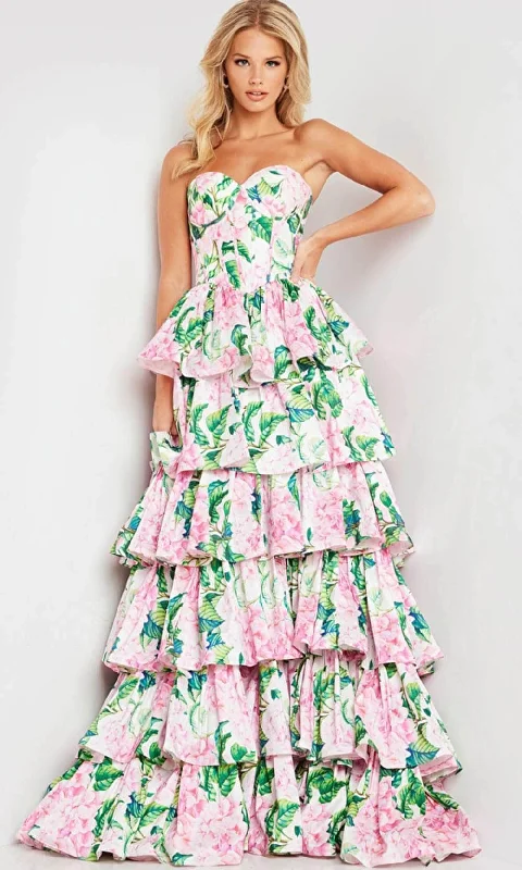 Can't Be Beat JVN by Jovani JVN37058 - Floral Print A-line Gown with Tiered Skirt