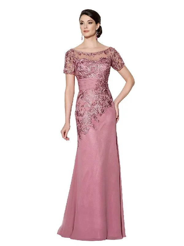 Can't Be Beat Mon Cheri Sheer Laced Mermaid Long Dress in Mauve 114662
