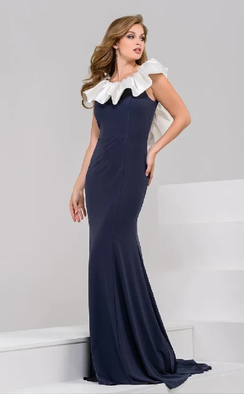 Special Savings Jovani - Ruffled Jewel Neck Evening Gown 50332 - 1 pc Ivory/Charcoal In Size 6 Available Special Savings Jovani - Ruffled Jewel Neck Evening Gown 50332 - 1 pc Ivory/Charcoal In Size 6 Available