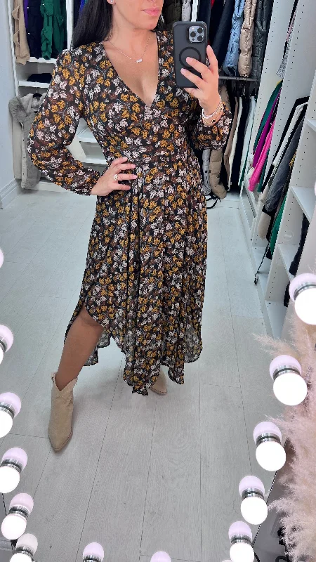 Massive Deals Harvest Leaf Print Sheer Sleeve Floaty Dress