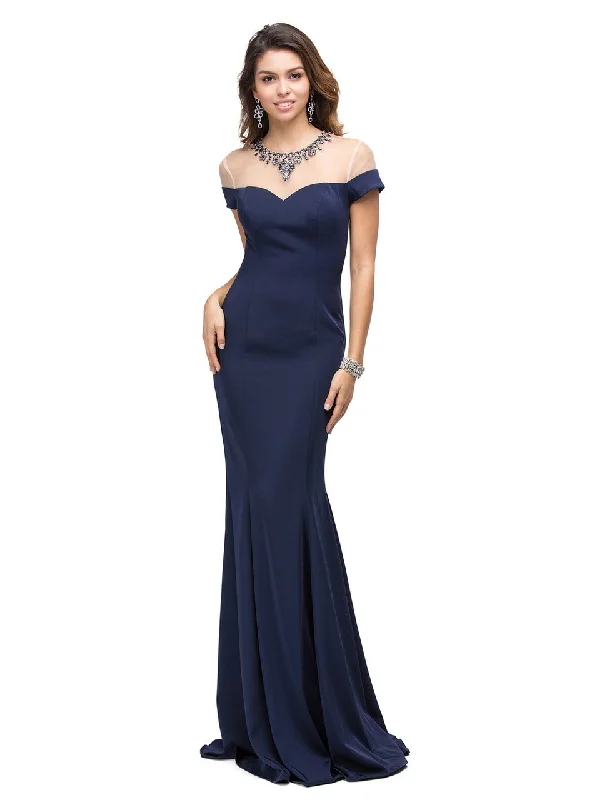 Steals and Deals Dancing Queen Jeweled Illusion Short Sleeve Long Gown - 1 pc Navy In Size L Available