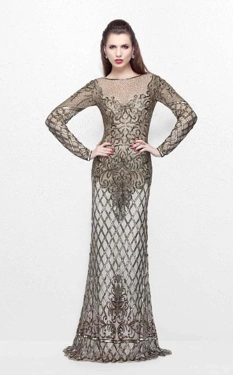 Savings Galore Primavera Couture - 1720 Long Sleeve Adorned Sheath Dress in Champagne Savings Galore Primavera Couture - 1720 Long Sleeve Adorned Sheath Dress in Champagne