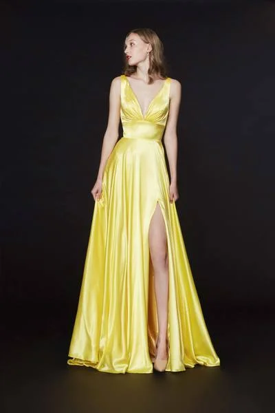 Deal Explosion Angela & Alison - Ruched Plunging V-Neck Gown with Slit 91041 - 1 pc Yellow In Size 4 Available