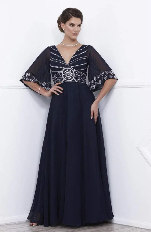 Limited Time Discount Nox Anabel 5147 Sheer Sleeve Beaded V-Neck Long Dress
