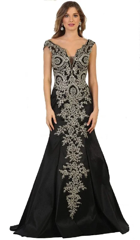Savings Event May Queen Embellished Wide V-neck Sheath Gown RQ7602 - 1 pc Ivory/Gold In Size 10 Available Savings Event May Queen Embellished Wide V-neck Sheath Gown RQ7602 - 1 pc Ivory/Gold In Size 10 Available