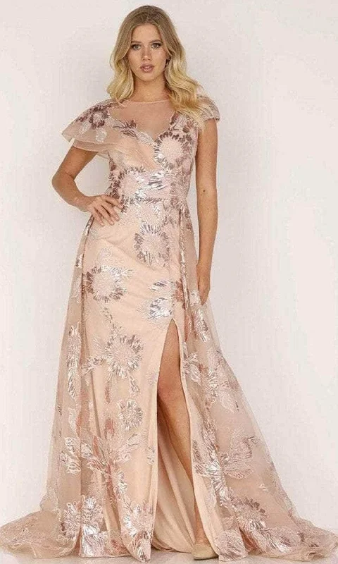 Shop and Save Terani Couture 2111E4724 - Metallic Floral Overskirt Evening Dress