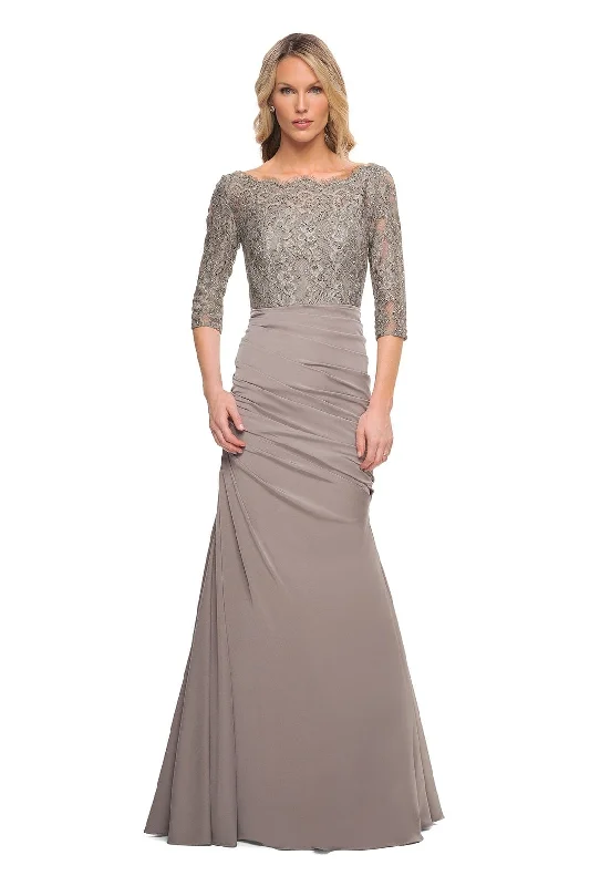 Shop and Save La Femme Off-Shoulder Ruched Mermaid Gown 24926SC