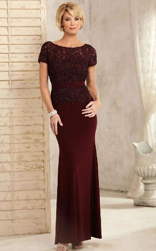 Stock Up and Save Christina Wu Elegance Short Sleeve Jeweled Lace Peplum Sheath Gown - 1 pc Wine In Size 6 Available