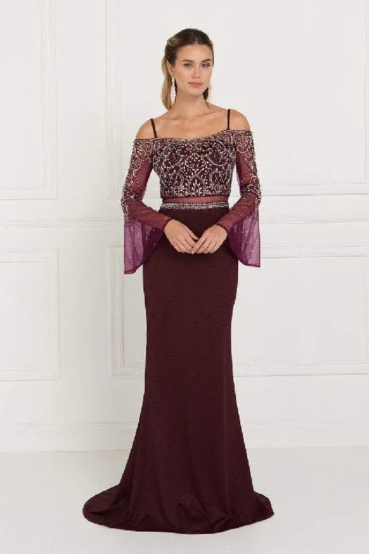 Bargain Prices Elizabeth K Embellished Two Piece Sheer Dress with Bell Sleeves GL1500 - 1 pc Burgundy In Size S Available Bargain Prices Elizabeth K Embellished Two Piece Sheer Dress with Bell Sleeves GL1500 - 1 pc Burgundy In Size S Available