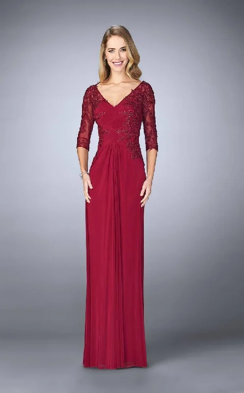 Fantastic Offers La Femme V-Neck Lace Quarter Length Sleeves Ruched Dress 23118 - 1 pc Burgundy In Size 20 Available Fantastic Offers La Femme V-Neck Lace Quarter Length Sleeves Ruched Dress 23118 - 1 pc Burgundy In Size 20 Available