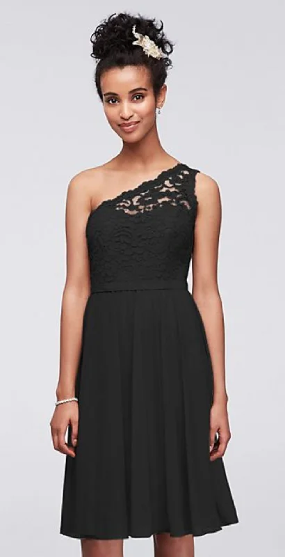 Instant Savings David's Bridal Short One Shoulder Corded Lace Dress