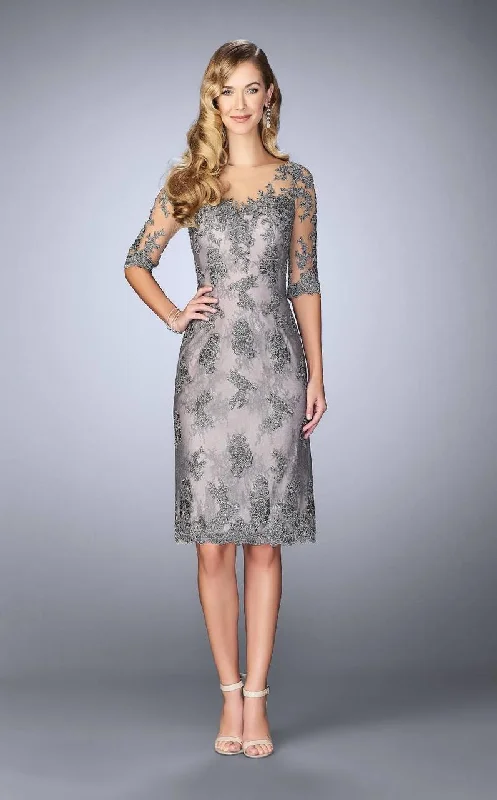 Deal Dash La Femme Appliqued Quarter Sleeve Lace Cocktail Dress 24878 - 1 pc Platinum In Size 6 Available