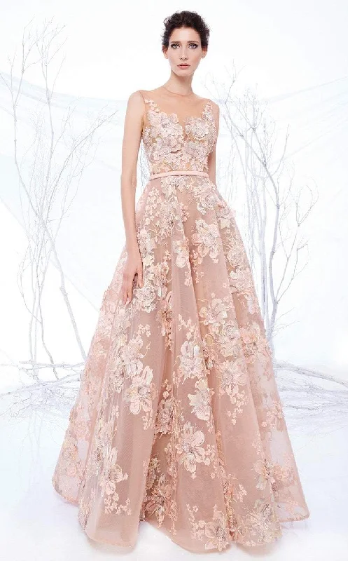 Epic Deals MNM Couture - N0194 Floral Embroidered Illusion Pleated Gown