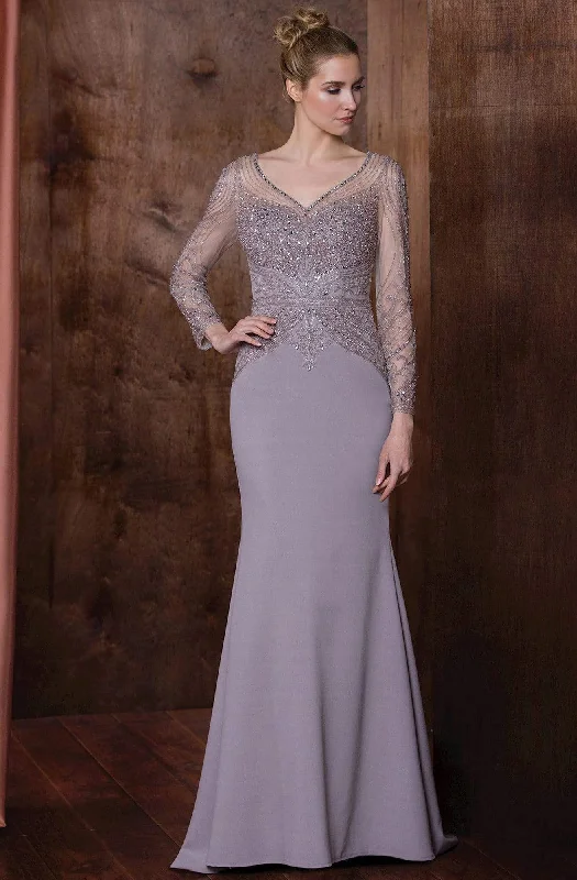 Can't Miss Marsoni by Colors - Long Sleeve Bejeweled V-Neck Trumpet Dress M195 - 1 pc Taupe In Size 22 Available