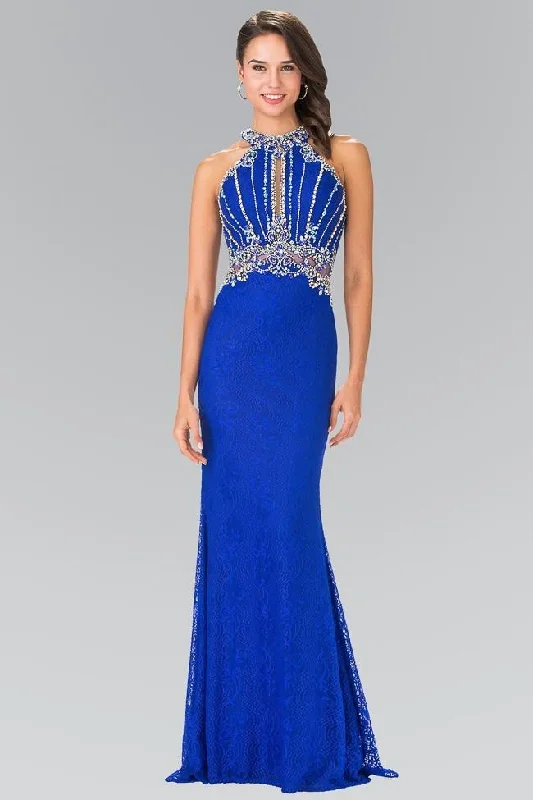 Price Rollback Elizabeth K GL2275 Halter Illusion Panel Long Gown in Royal Blue