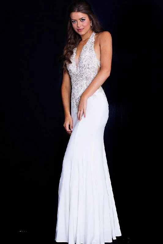 Sale Event JVN by Jovani - Plunging Halter Embellished Fitted Dress JVN51249 - 1 pc Off-White In Size 2 Available Sale Event JVN by Jovani - Plunging Halter Embellished Fitted Dress JVN51249 - 1 pc Off-White In Size 2 Available