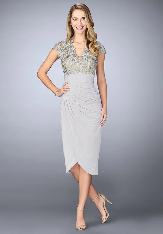 Super Sale La Femme 3124 Beaded Lace Ruched Dress - 1 pc Silver In Size 12 Available Super Sale La Femme 3124 Beaded Lace Ruched Dress - 1 pc Silver In Size 12 Available