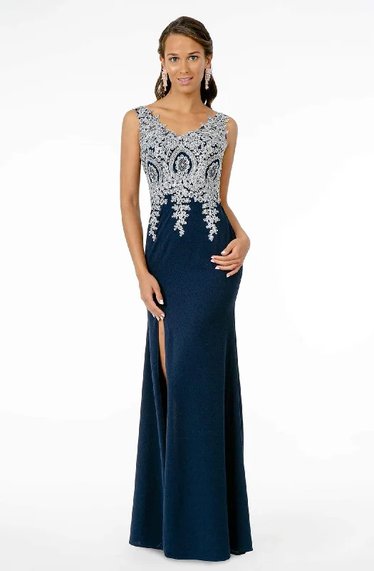 Buy Now Elizabeth K - Metallic Lace Appliqued Bodice Dress GL1839 - 1 pc Navy/Silver In Size L Available Buy Now Elizabeth K - Metallic Lace Appliqued Bodice Dress GL1839 - 1 pc Navy/Silver In Size L Available