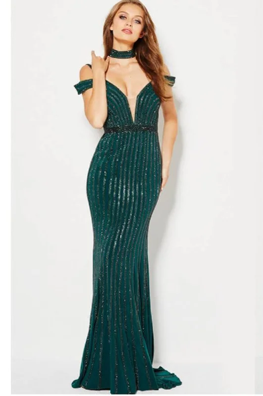 Savings Galore Jovani 56004 Stripe Beaded Off-Shoulder Gown - 1 pc Green/Green in size 2 Available Savings Galore Jovani 56004 Stripe Beaded Off-Shoulder Gown - 1 pc Green/Green in size 2 Available