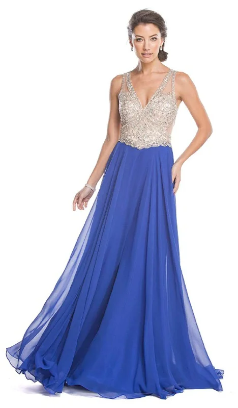 Limited Stock Aspeed Design - Jeweled Plunging V-neck Prom Dress