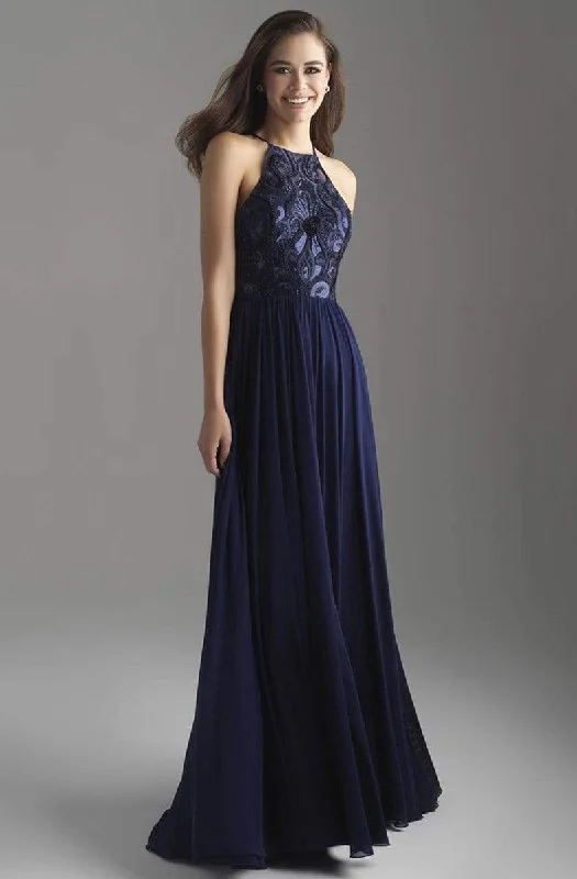 Price Reduction Madison James Sequin Embroidered Halter A-Line Evening Gown 18-605 - 1 pc Navy In Size 2 Available