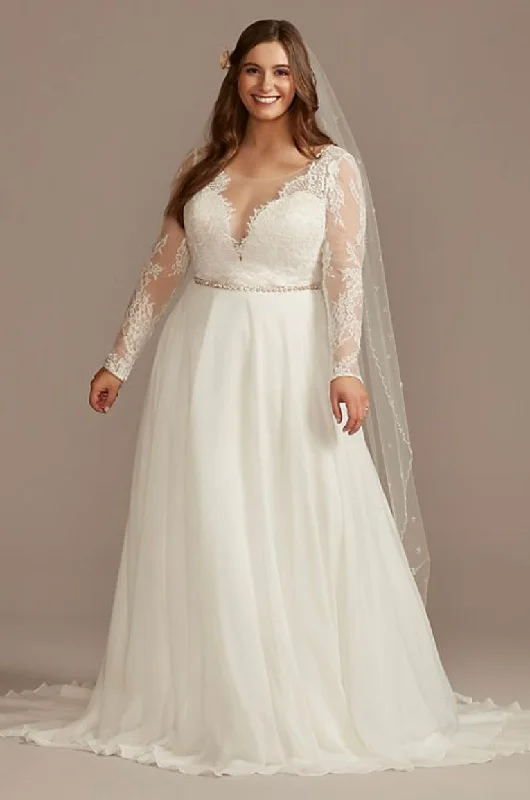 Discount Days David's Bridal Long Sleeve Plunge Lace Chiffon Wedding Dress STYLE#WG4035 Discount Days David's Bridal Long Sleeve Plunge Lace Chiffon Wedding Dress STYLE#WG4035