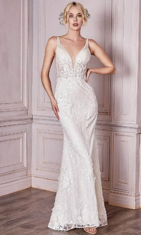 Limited Time Cinderella Divine Bridal - CDS403W Floral Appliqued Deep V-neck Wedding Gown - 1 pc Off-White in Size 8 Available