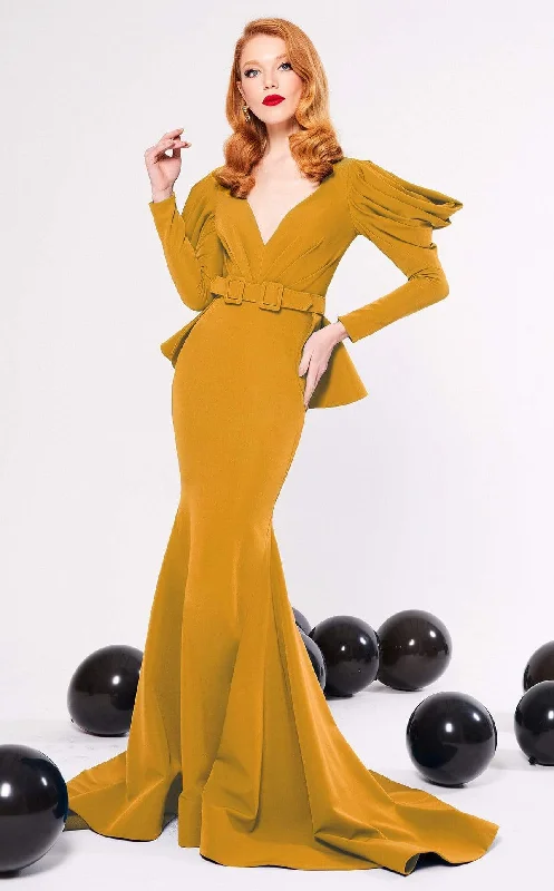 Act Fast MNM Couture - N0315 Cowl Ornate Cutout Long Sleeve Mermaid Gown