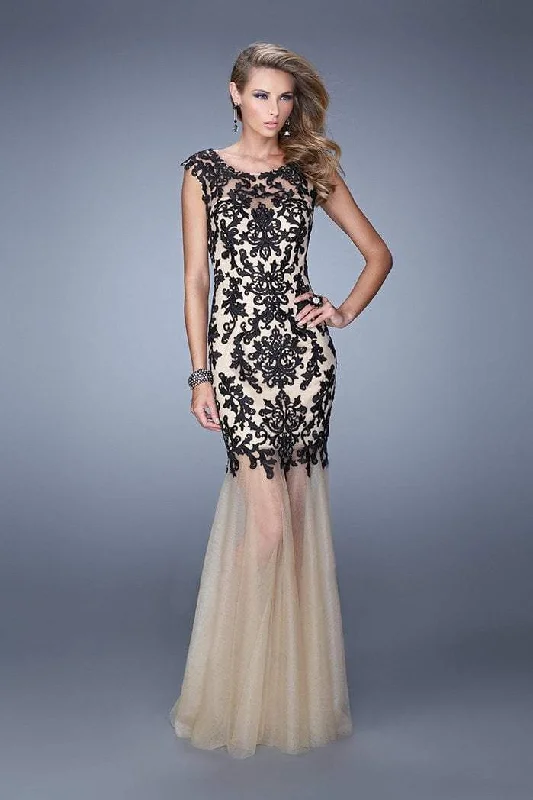 Bargain Prices La Femme Embroidered Illusion Bateau Trumpet Dress 21286