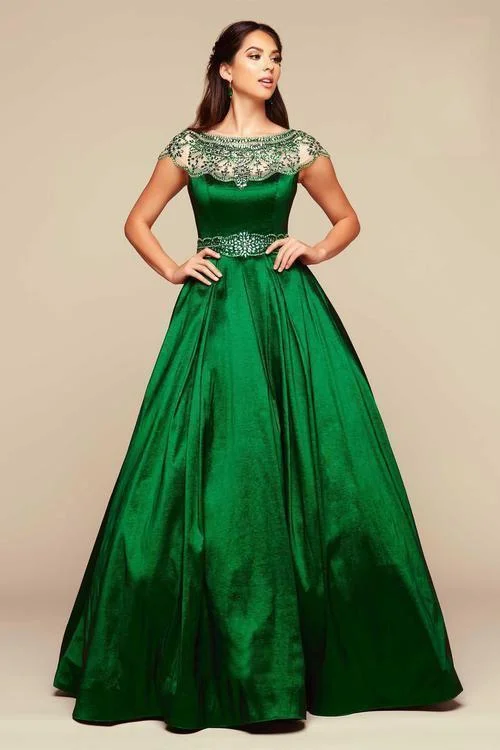 Exclusive Offers Mac Duggal Embellished Sheer Bateau Ballgown in Emerald 48421
