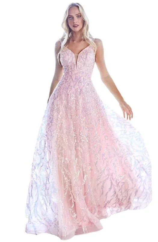 Hurry In Cinderella Divine - Sheer Plunged Neck Sequin Scroll Print Gown CB055 - 1 pc Blue In Size 6 Available Hurry In Cinderella Divine - Sheer Plunged Neck Sequin Scroll Print Gown CB055 - 1 pc Blue In Size 6 Available