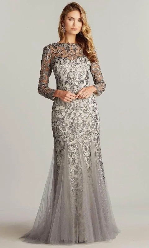 Closeout Tadashi Shoji - Long Sleeve Sequin Formal Gown BTN22102L - 1 pc Steel In Size 6 Available