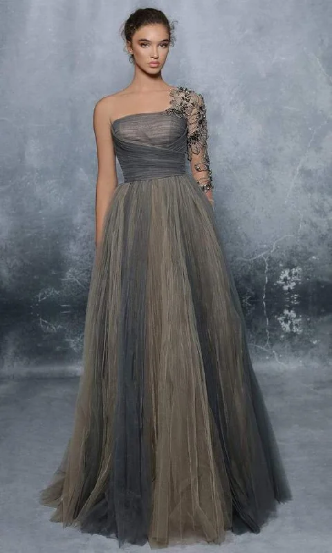Super Deal Tarik Ediz - Embroidered Tulle Single Sleeve Ballgown 96001