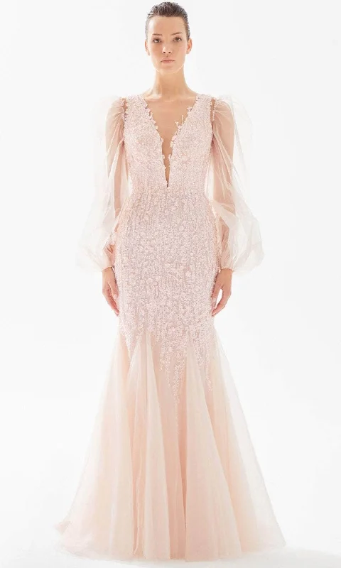 Closeout Tarik Ediz 98286 - V Neck Embellished Tulle Evening Dress